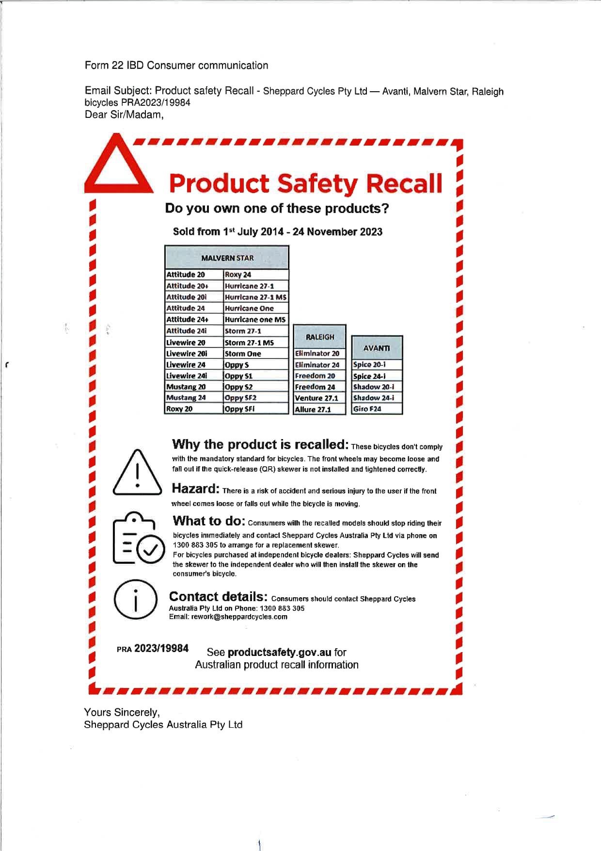 PRODUCT SAFETY RECALL! - Griffith Motorcycle Centre